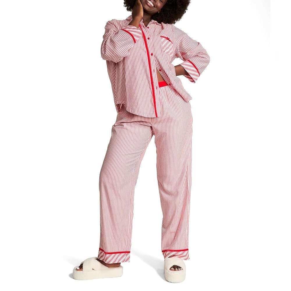 NWT Victorias Secret Red Pink Bright Vermillion Stripes Long Flannel Pajama Set